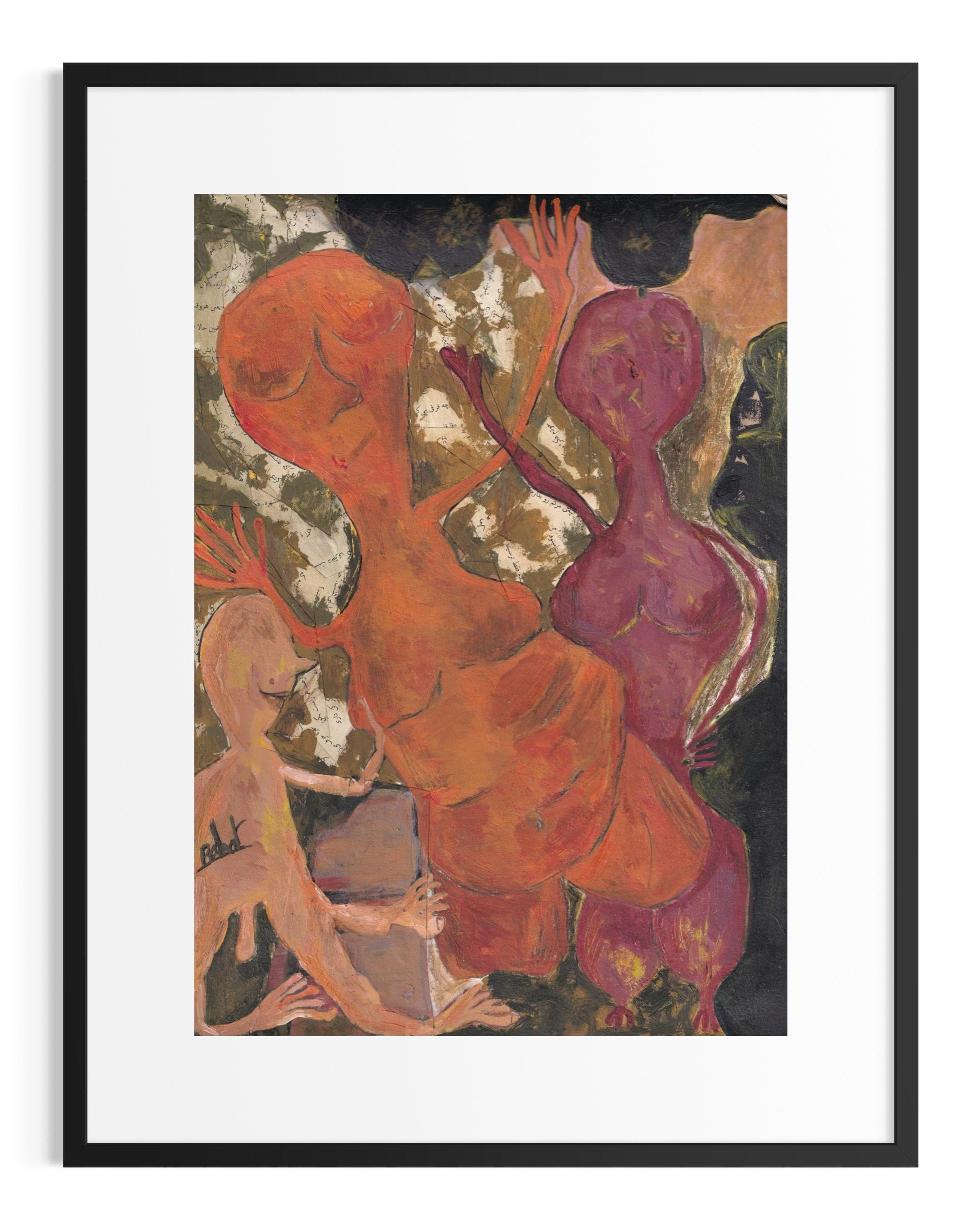 Abstract artwork of three figures in orange, purple, and brown with a black frame.